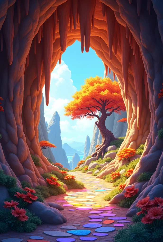 Make me a more colorful animated cave background with a green orange tree outside the cave and a more lively colored stone path on the floor



