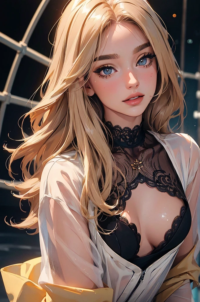 ((((masterpiece, best quality, high resolution)))), Extremely detailed 8K, Beautiful girl with slender body, e-girl, (Ultra HD, Ultra-detailed, Highly detailed, Highly realistic, Ultra-realistic, photograph realistic), (1girl:1.5), (Realistic blonde hair with dark roots), wavy hair, boho bob cut,(dark makeup, pink eyeshadow), facing at camera, light smile, (white and gold outfit, see through clothes, wet skin). (space cruise)