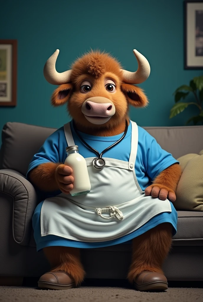 A buffalo with stethoscope, bearing white and blue apron . Fatty and cute appearance.
Black and cool catchy colour .
Dark black .
Holding bottle of milk and sit on sofa