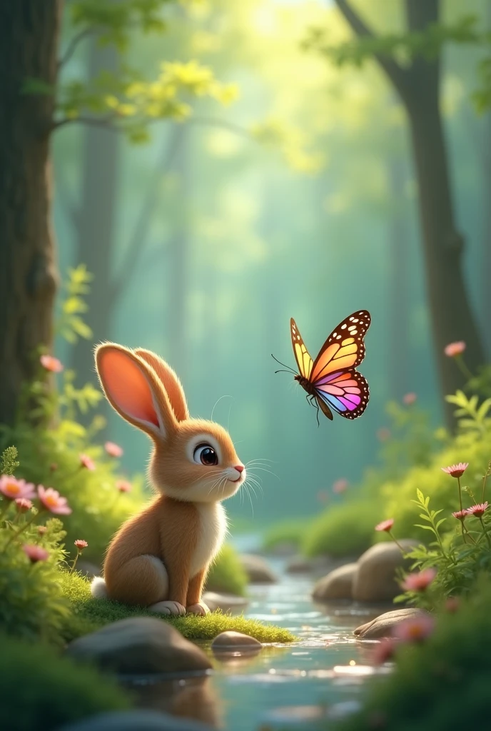 Once upon a time, in a peaceful forest, there lived a little bunny named Benny. Benny was very curious. He loved to explore new places. One sunny day, Benny found a colorful butterfly.