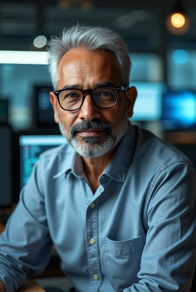 An Indian men in his middle 30 works in IT sector and have glasses and beard and have a bit of white hair