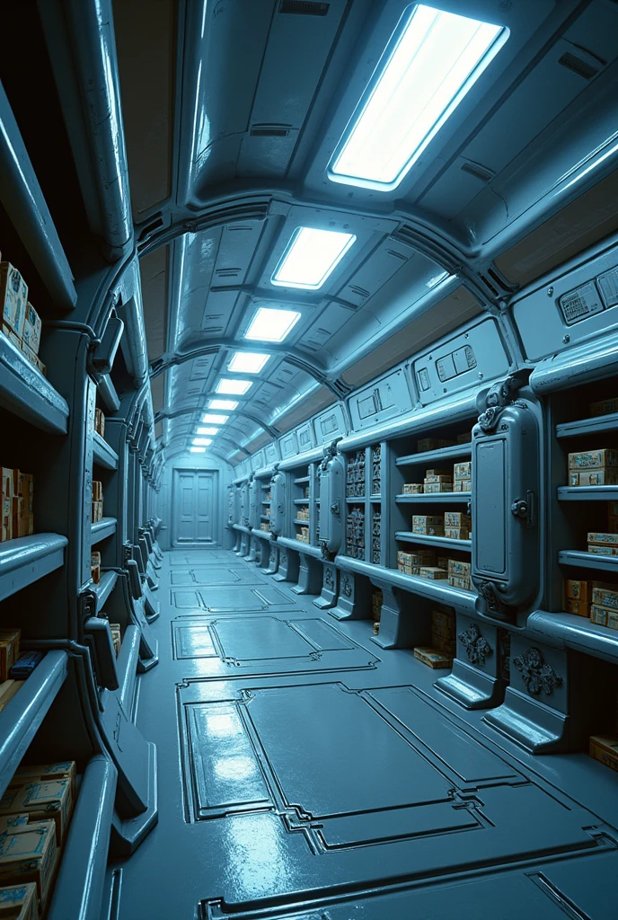 Empty ammunition storage room on a cool and magnificent spaceship