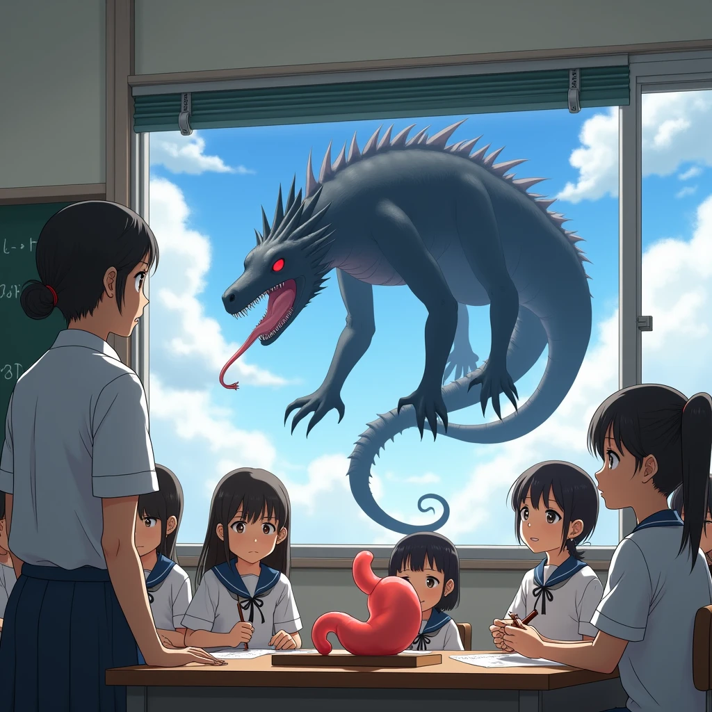 A Japanese girl is in a classroom. She is studying the digestive system. :: There are 5 more female students. :: 1 Japanese female teacher :: The board has a picture of the stomach. :: There is a model of a stomach on the table. :: She looked out the window. :: There is a black dragon in the sky with four feet and a long tongue full of saliva. , Big belly (((full body))) (((realistic)))