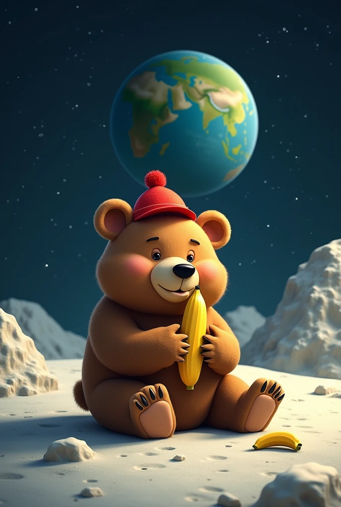 A bear on the moon with a red hat eating a banana