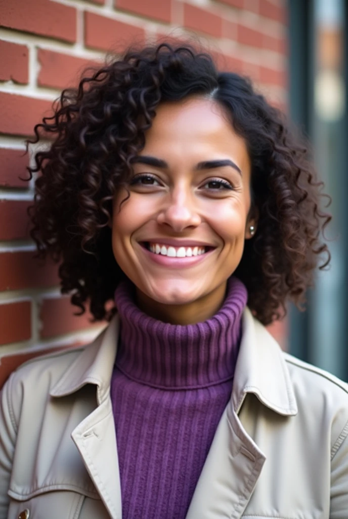 Subject: A woman with a friendly, cheerful expression and curly, shoulder-length dark brown hair.
Clothing: A light-colored jacket or coat and a purple turtleneck sweater.
Background: A brick wall, which could represent an urban or indoor environment.
Lighting: Natural or soft lighting that highlights the subject's face and hair while providing a warm, inviting atmosphere.
Composition: A portrait-style shot, with the woman's face and upper body as the main focus, filling a significant portion of the frame.
Perspective: A slightly angled or off-center perspective could add depth and interest to the image.
