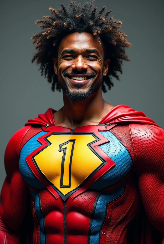 A man with 1,77 he has the number one on his neck he is dark skinned he has curly hair he is wearing a superhero outfit on his clothes he has a big number one on his shirt he has a big smile