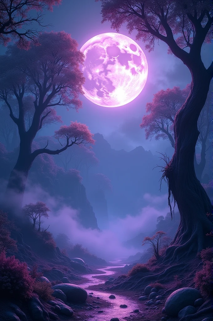 The beautiful moon in a mysterious and scary magical landscape with purple details in 4k definition