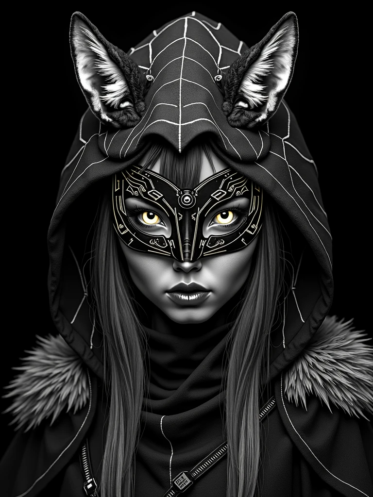 A futuristic, black and white artwork of a warrior woman with a warrior's mask and exotic wild animal furs. The woman's face is a blend of high-tech elements and the raw beauty of nature. The background is a deep black. The artwork is a fusion of wildlife photography, painting, and anime styles, with intricate patterns of glowing electronic circuitry and zentangle patterns.