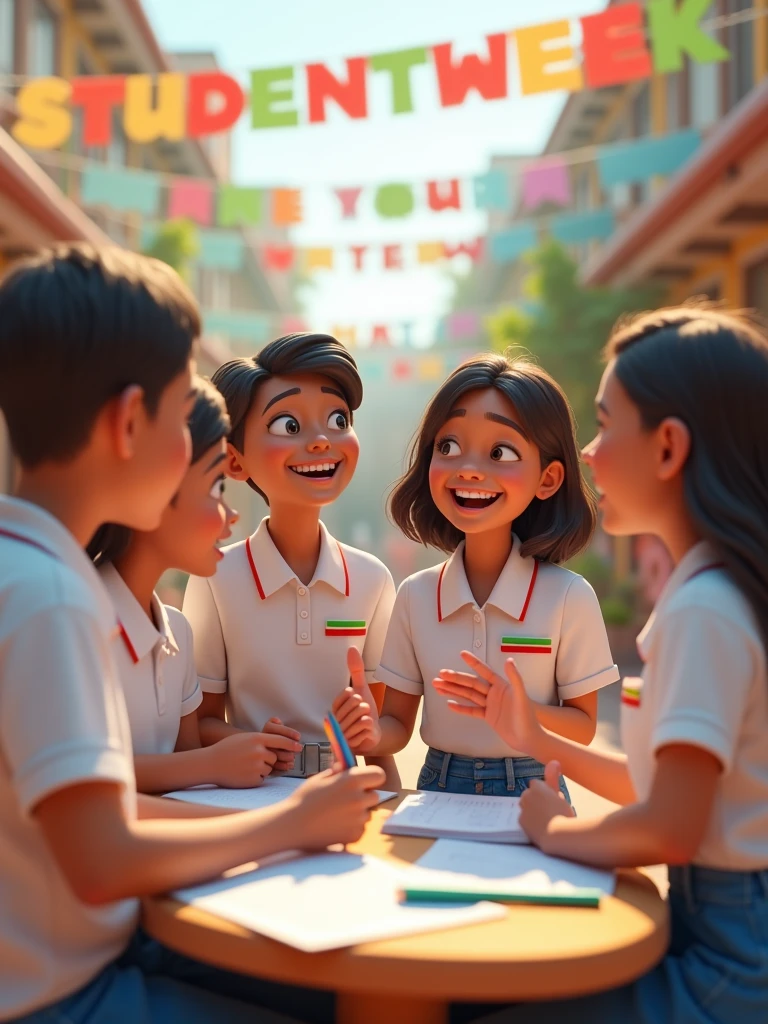 An ultra-realistic 3D image of a group of diverse students, aged 10 to 18, wearing school uniforms with white shirts featuring three thin horizontal stripes—red, green, and yellow—across the chest, paired with blue pants. The students are gathered outdoors in a lively, sunlit setting, captured in a moment of joy and connection as they engage in activities like laughing, talking, and studying together. The characters have highly detailed, lifelike features, with natural skin tones and realistic expressions, while the uniforms display realistic fabric textures and vibrant colors. The background subtly showcases decorations like banners and posters promoting Statewide Student Week. The image is rendered in 8K resolution, perfect for a visually impactful promotional campaign.