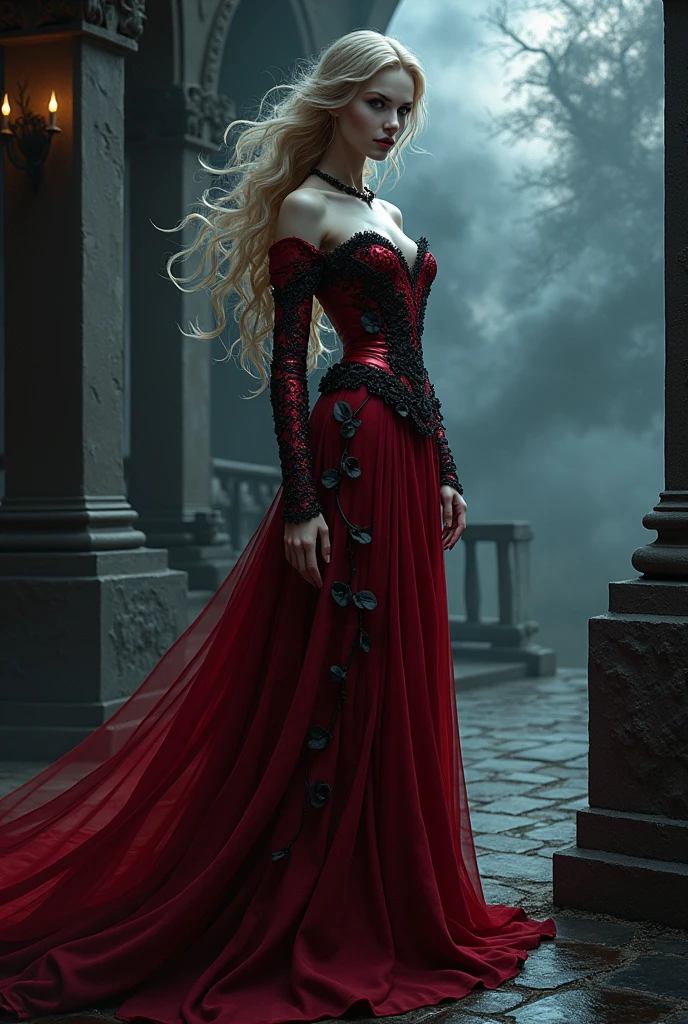 Dark fantasy art, fantasy art, goth art,  a picture of a female vampire, exquisite beauty, full body shot, dark glamour shot,  pale white skin, dark blond hair, long hair, wavy hair, (icy grey: 1.3) eyes,  she  wears a (red: 1.3) dress, ArmoredDress, entwined with (black: 1.3)  roses betmd, high heells, dark castle porchm, RagingNebula