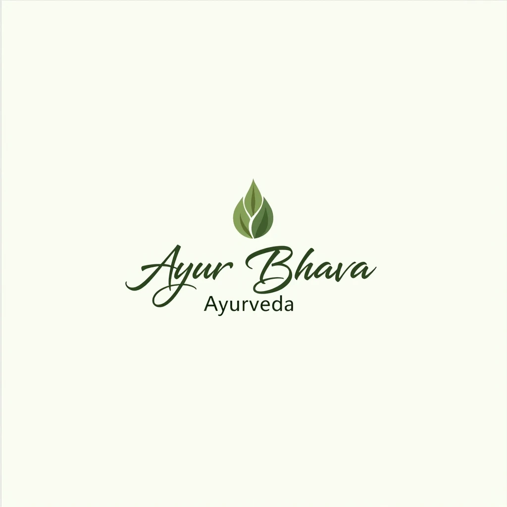 Design a logo for "Ayur Bhava" with a clean white background. The text and design elements should use a combination of light and dark green to create a soothing yet vibrant look. "Ayur Bhava" should be in an elegant, flowing font, with "Ayurveda" as the motto in a simpler, complementary style beneath it. Incorporate natural symbols like leaves or a small tree to emphasize the connection to holistic wellness and nature. The overall design should be minimalistic, with the greens evoking a sense of purity, growth, and natural healing.