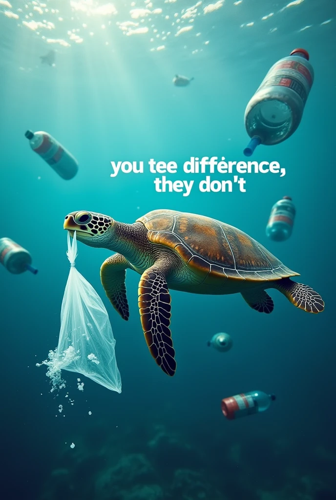Environmental awareness poster, with a turtle in the ocean that is eating a plastic bag and plastic bottles around, with a phrase with letters in Spanish that says " You see the difference, They don't. "
