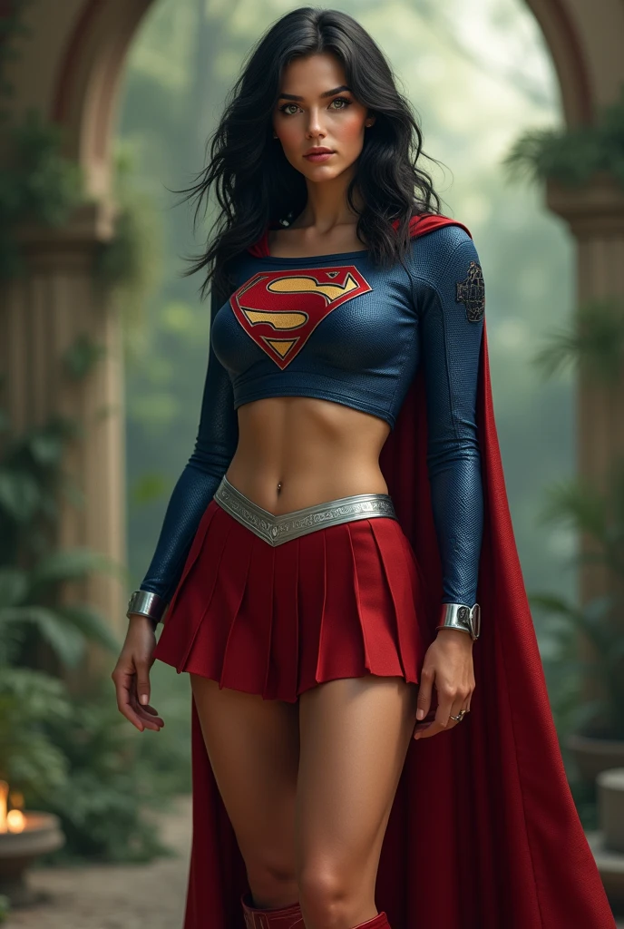 A FULL BODY VIEW OF A SEXY BUSTY TEEN FEMALE WITH DREAMY GREEN EYES AND MEDIUM MESSY BLACK HAIR WEARING A BLACK LONG-SLEEVED CROP=TOP SUPERGIRL COSTUME WITH A SILVER "S" EMBLEM, A SHORT BLACK PLEATED SKIRT WITH A SILVER BELT, BLACK HIGH HEELED SUPERGIRL BOOTS, AND A LONG BLACK SUPERGIRL CAPE WITH SILVER TRIM. INCREDIBLY DETAILED SKIN, INCREDIBLEY DETAILED FACE, INCREDIDBLEY DETAILED CLOTHING, TEXTURED SKIN PORES, TEXTURED HAIR, 8K ABSURD RESOLUTION, MASTERPIECE. PHOTO REALSITIC, HYPER REALISTIC. EXOTIC BACKGROUND.