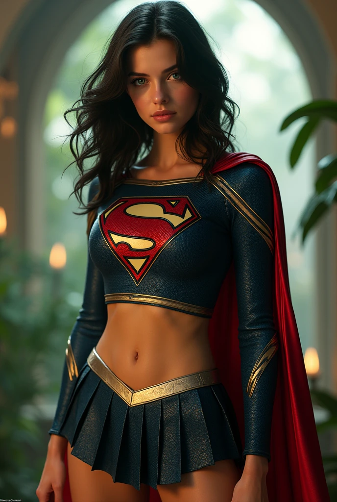 A FULL BODY VIEW OF A SEXY BUSTY TEEN FEMALE WITH DREAMY GREEN EYES AND MEDIUM MESSY BLACK HAIR WEARING A BLACK LONG-SLEEVED CROP=TOP SUPERGIRL COSTUME WITH A SILVER "S" EMBLEM, A SHORT BLACK PLEATED SKIRT WITH A SILVER BELT, BLACK HIGH HEELED SUPERGIRL BOOTS, AND A LONG BLACK SUPERGIRL CAPE WITH SILVER TRIM. INCREDIBLY DETAILED SKIN, INCREDIBLEY DETAILED FACE, INCREDIDBLEY DETAILED CLOTHING, TEXTURED SKIN PORES, TEXTURED HAIR, 8K ABSURD RESOLUTION, MASTERPIECE. PHOTO REALSITIC, HYPER REALISTIC. EXOTIC BACKGROUND.