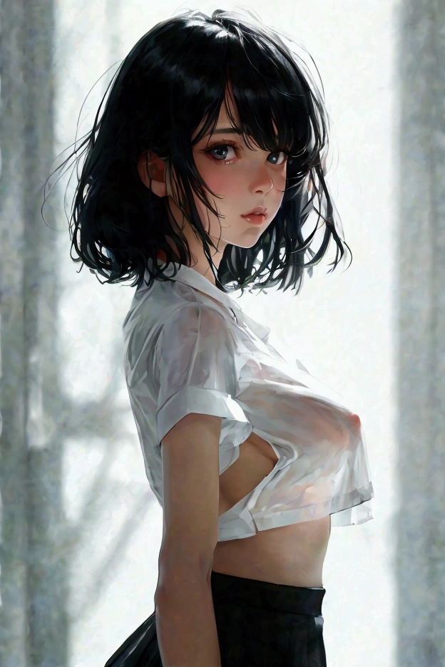 Nipples, visible from a white shirt (((masterpiece, highest quality)), no panties, 1 girl, (photorealistic: 1.4), solo, white background, black hair, long hair, absolute area, skirt, ((full body)),