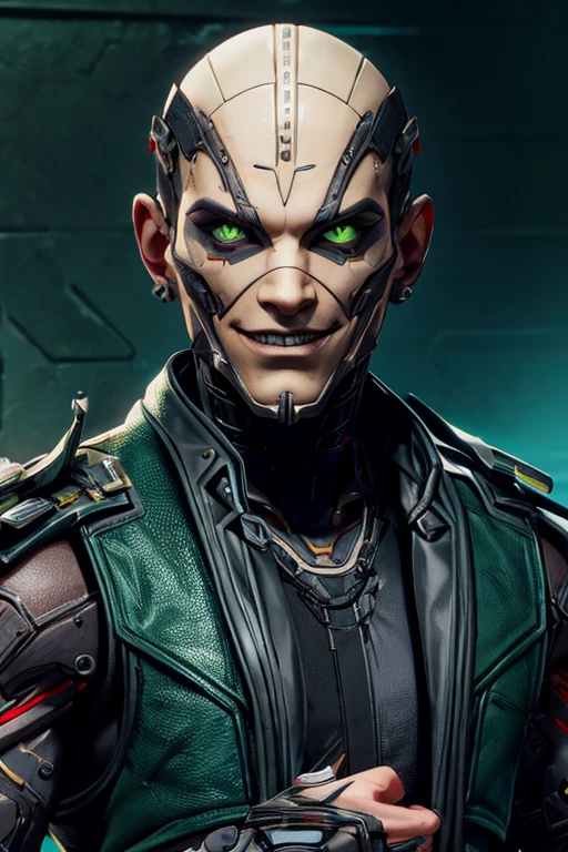 Villain, sci fi male, evil smile, a rat-faced, thin man with lots of scars and cybernetic prosthetics arm, Xtreme, open torn leather vest, dirt on his clothes and face, black outfit,  bold man ,in sewers, dramatic lighting, realistic colors, highres, vivid colors, stunning green toxic sewers landscape background!, 8K image quality, Masterpiece