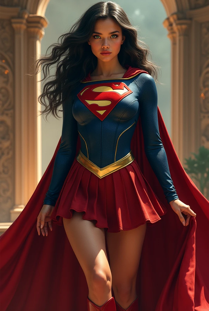 A FULL BODY VIEW OF A SEXY BUSTY FEMALE WITH DREAMY GREEN EYES AND MEDIUM MESSY BLACK HAIR WEARING A BLACK LONG-SLEEVED CROP=TOP SUPERGIRL COSTUME WITH A SILVER "S" EMBLEM, A SHORT BLACK PLEATED SKIRT WITH A SILVER BELT, BLACK HIGH HEELED SUPERGIRL BOOTS, AND A LONG BLACK SUPERGIRL CAPE WITH SILVER TRIM. INCREDIBLY DETAILED SKIN, INCREDIBLEY DETAILED FACE, INCREDIDBLEY DETAILED CLOTHING, TEXTURED SKIN PORES, TEXTURED HAIR, 8K ABSURD RESOLUTION, MASTERPIECE. PHOTO REALSITIC, HYPER REALISTIC. EXOTIC BACKGROUND.