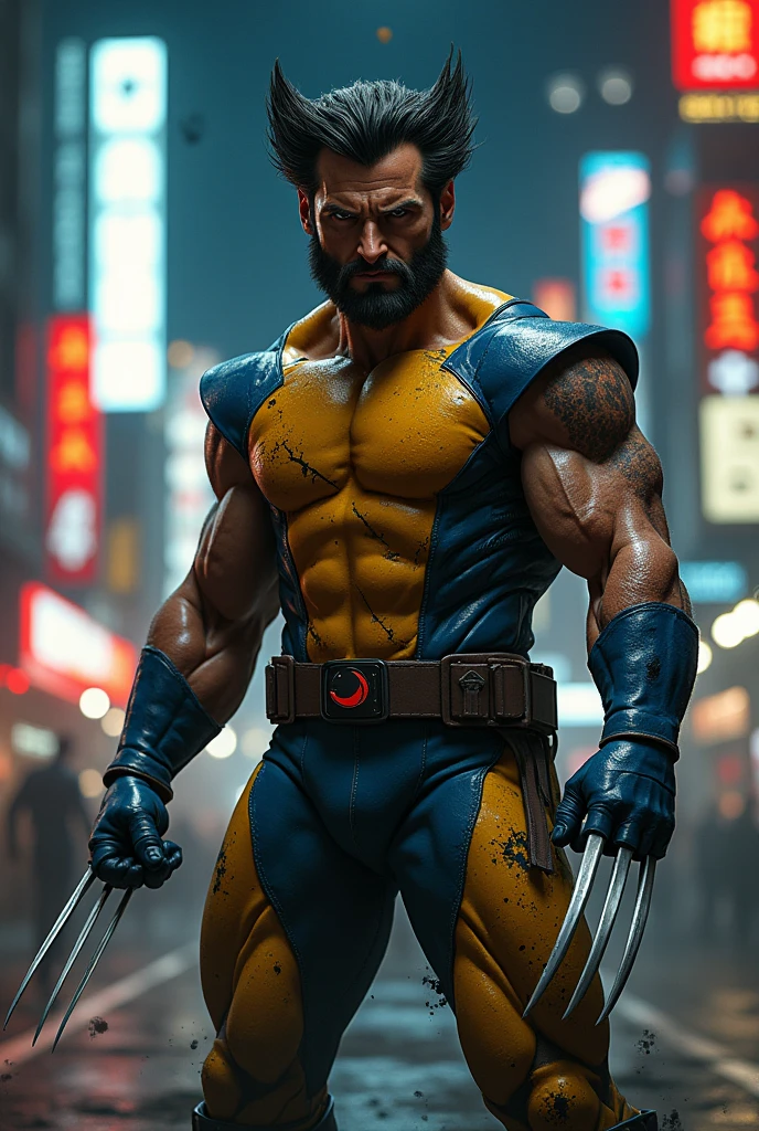 Wolverine da Marvel Comics, fighting position, with the 3 claws extended, fierce expression, tattered yellow and blue outfit, night cityscape with bright neon signs, Bright dark, high contrast lighting, cinematographic, digitalpainting