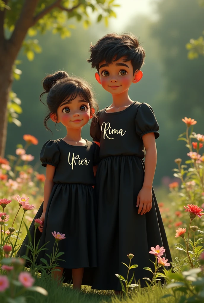 boy name sameer and girl name rima, both names sameer and rima on the black ड्रेस in garden back side