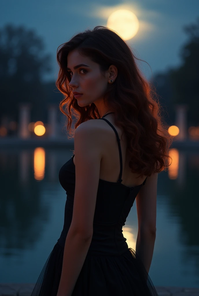 Génère moi une brunette devant le jardin de Luxembourg  dans la nuit avec corps super sexy des cheveux fraises  avec une forme humaine