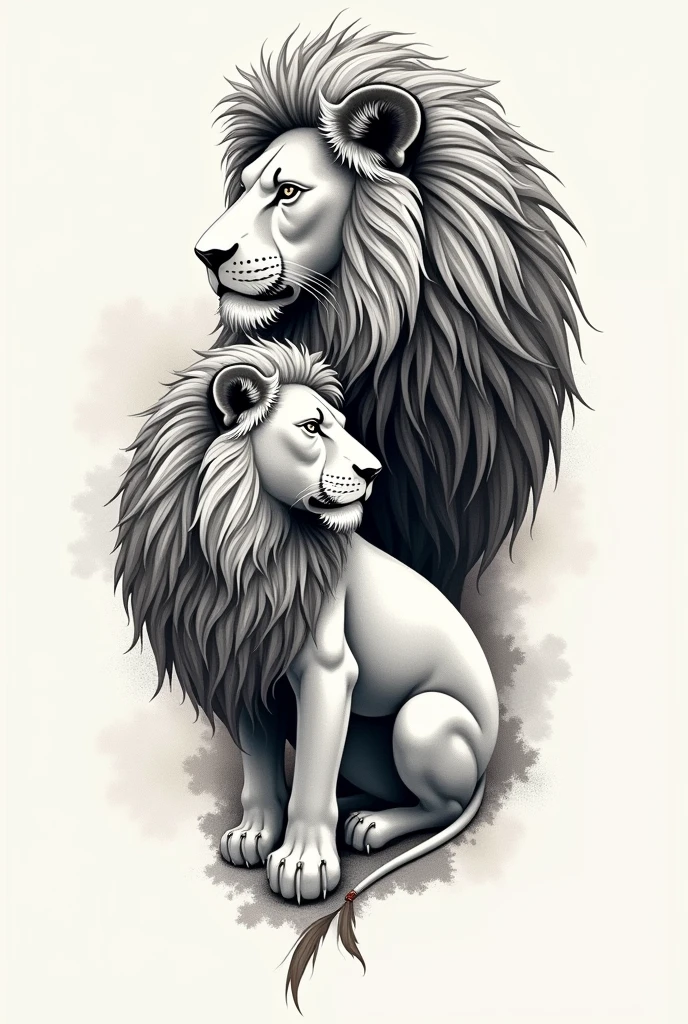 Make me a tattoo for a man and one for a woman that symbolizes love with a lion for a man and a lioness for a woman