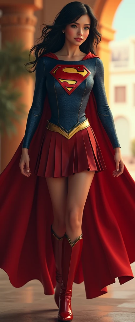 A FULL BODY VIEW OF A SEXY BUSTY TEEN FEMALE WITH DREAMY GREEN EYES AND MEDIUM MESSY BLACK HAIR WEARING A BLACK LONG-SLEEVED CROP=TOP SUPERGIRL COSTUME WITH A SILVER "S" EMBLEM, A SHORT BLACK PLEATED SKIRT WITH A SILVER BELT, BLACK HIGH HEELED SUPERGIRL BOOTS, AND A LONG BLACK SUPERGIRL CAPE WITH SILVER TRIM. INCREDIBLY DETAILED SKIN, INCREDIBLEY DETAILED FACE, INCREDIDBLEY DETAILED CLOTHING, TEXTURED SKIN PORES, TEXTURED HAIR, 8K ABSURD RESOLUTION, MASTERPIECE. PHOTO REALSITIC, HYPER REALISTIC. EXOTIC BACKGROUND.