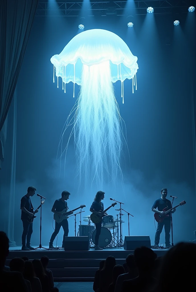 A stage for a band and a white-lit jellyfish above them 