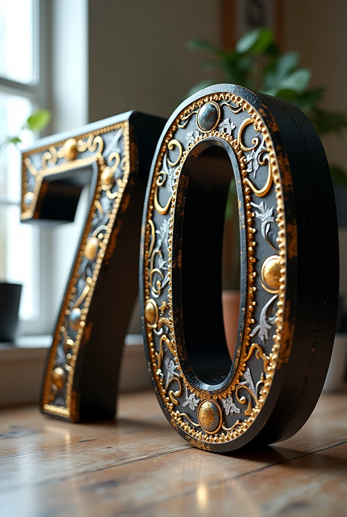 Make me the 70th birthday number decorated with a retro style, in 3D and 4K, in black, silver and gold. May this number be very creative, and eye-catching, very impressive and attract a lot of attention. The number must be in front