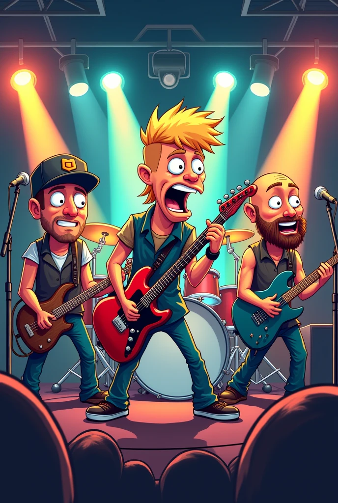 Draw in a cartoon way a music band during a concert with a drummer playing the drums in the middle with a short blond mullet, a guitarist on the left with shaved hair under a cap and a short beard, and a bass' musician on the left with shaved hair and a cap and a short beard.