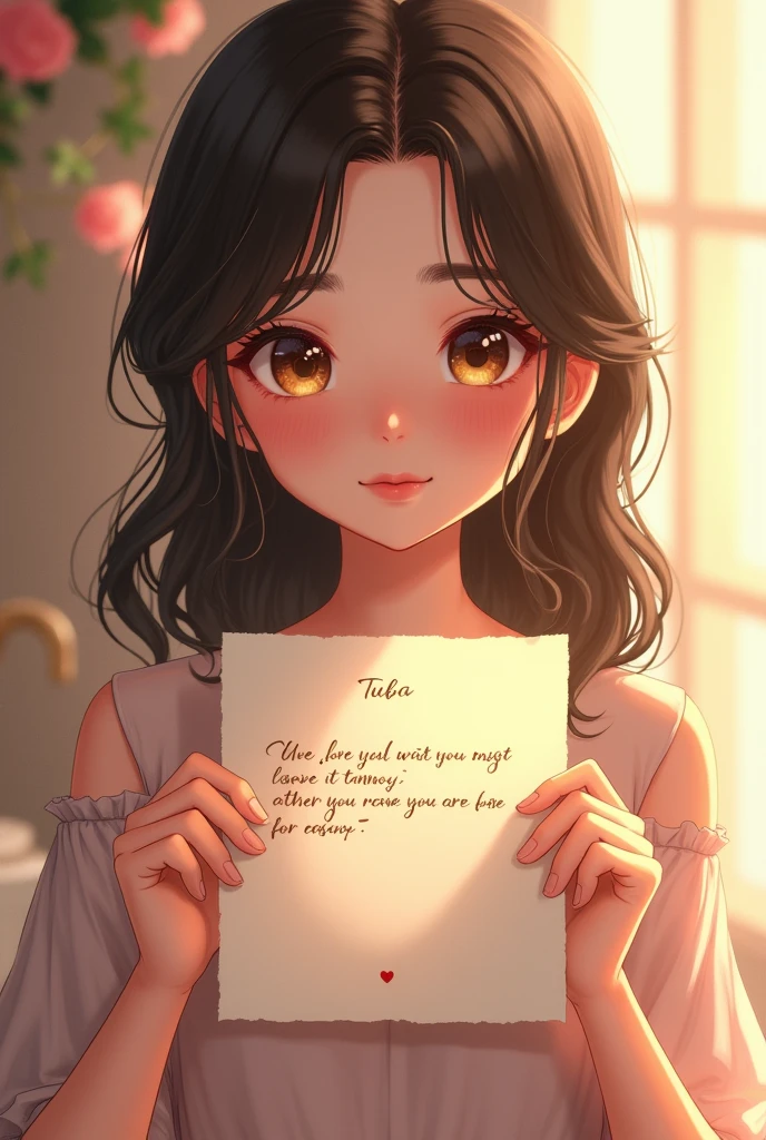 Beautiful girl with beautiful face name Tuba and her hand is with a latter where write, " I love You Tonmoy & I am only your Tuba ", beautiful eyes, age in 16-17