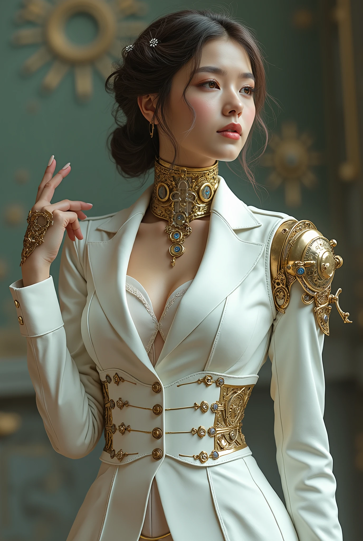 vibrant steampunk charming sophisticated elegant formal graceful female clockwork amputee ligament arms in corset and white suit graceful caressing huddle