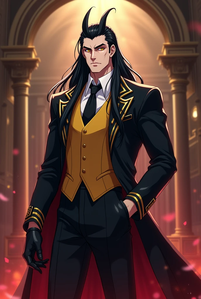 Create an anime style image of my character: It's called Dahak, king of hell who lives on earth. stomach 1.97, Her hair is black and long to her waist. Her skin is white with pink undertones.. His eyes are golden and his pupils are slanted like those of a feline.. He is 2. His body type is inverted triangle. (shoulders wider than hips), Your somatotype is mesomorphic. He is muscular and strong. He has a serious and attractive expression.. He is dressed in an elegant black suit with gold details., and a yellow vest. His jacket has a gold chain clasp.. It has no horns or wings.. He has black leather gloves on his hands.. She has bushy eyebrows and thick, beautiful eyelashes.. He is very handsome. And it's in his 1800's Victorian style mansion.
