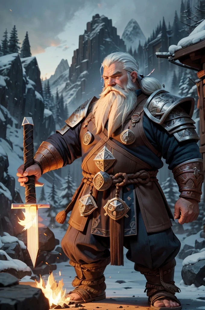 A stout dwarf with white hair and beard, wearing detailed armor with runic symbols, typical of a dwarf craftsman and warrior. He holds a large sledgehammer, highlighting his skill as a craftsman.  clothes in shades of blue