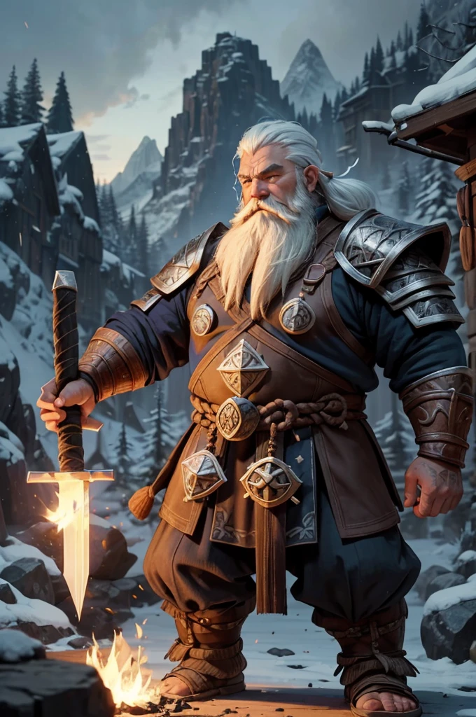 A stout dwarf with white hair and beard, wearing detailed armor with runic symbols, typical of a dwarf craftsman and warrior. He holds a large sledgehammer, highlighting his skill as a craftsman. clothes in shades of blue
