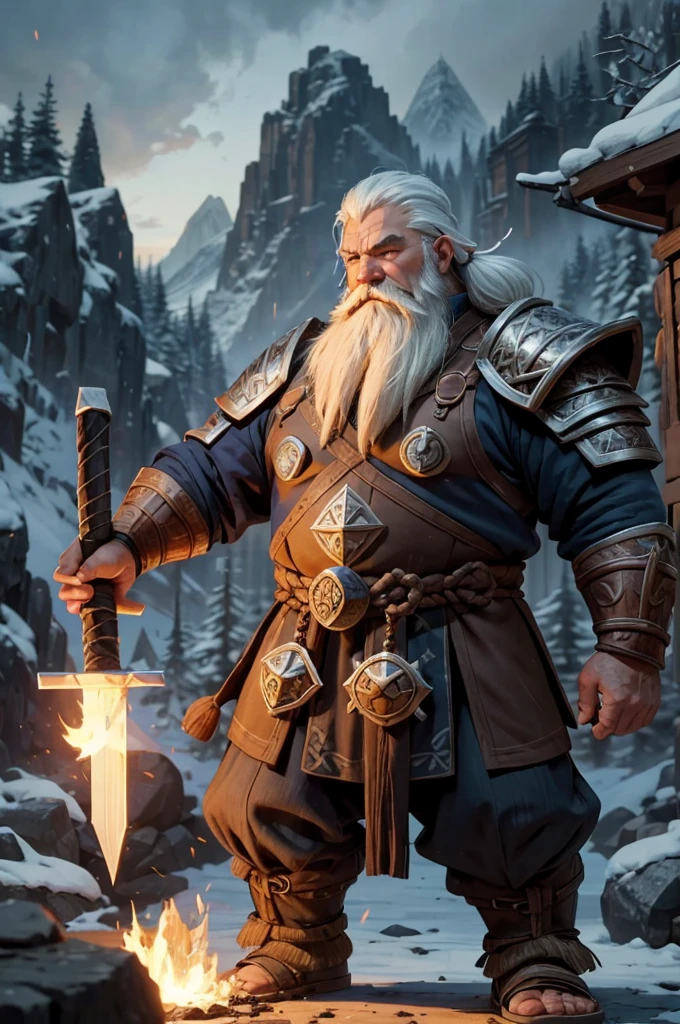 A stout dwarf with white hair and beard, wearing detailed armor with runic symbols, typical of a dwarf craftsman and warrior. He holds a large sledgehammer, highlighting his skill as a craftsman. clothes in shades of blue