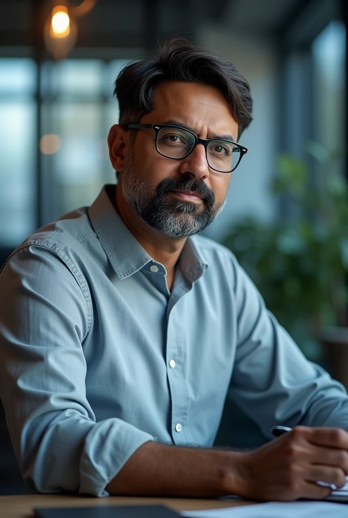 An Indian men in his middle 30 works in IT sector and have glasses and beard and not too old and realistic 