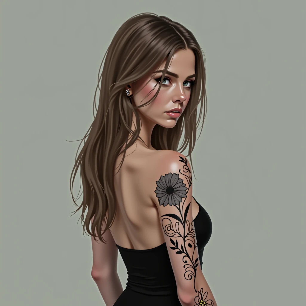 A woman with a medium complexion, likely in her late s to mid-twenties, stands with her back to the camera. Her long, light brown hair cascades down her back, styled straight and loose with a center parting. Her black, strapless top reveals her back and shoulders, and appears to be made of a stretchy material like spandex or a spandex blend, fitting her body closely.
On her right upper arm, a black ink tattoo of a flower with a detailed design covers a significant portion of her skin. The tattoo is intricately designed, with delicate petals and intricate details that catch the light.
The subject's posture is straight, with her arms relaxed at her sides. Her head is turned to look over her right shoulder, her eyes looking directly at the camera with a hint of intensity. Her expression is otherwise neutral, with a subtle, soft quality to her features.
The background is a light grey color with a soft gradient, giving the image a sense of depth and dimensionality. The lighting is soft and diffused, coming from a source in front of the subject, and illuminates her face and upper body evenly. There are no harsh shadows or distractions, keeping the focus squarely on the subject.
The image is high-resolution, with good detail and clarity. The subject's features, tattoos, and clothing are all clearly visible, with a level of texture and dimension that draws the viewer in.
Image Specifications:
Resolution: High-resolution
File format: JPEG or similar
Dimensions: 3000 x 2000 pixels or similar
Color depth: 24-bit or similar
File size: 5-10 MB or similar