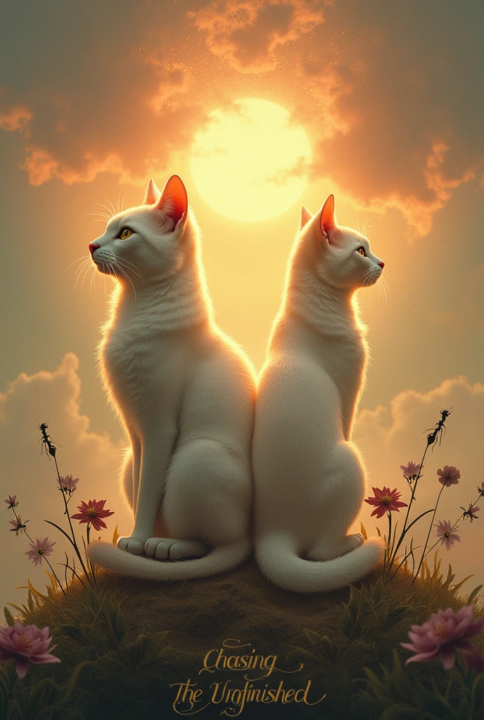 Concept:**
- **Background**: A soft, ethereal gradient that transitions from sunset at the top to a warm, golden hue at the bottom, symbolizing the journey from one life to the next.
- **Central Imagery**:
Two cat, two ant, two flowers in a jungle
one male and one female, standing back to back at the center, subtly connected by a faint line or glow, representing the bond across lifetimes.
- **Title Font**: Elegant, flowing script for "Chasing The Unfinished," possibly in a deep, contrasting color like white
