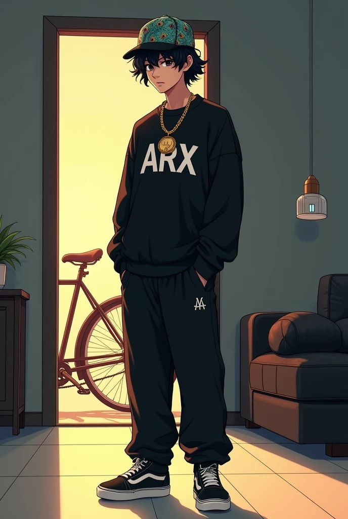 teenager man, Hip hop style head cap with peacock print, black eyes, standing in a room with grey walls with black furniture and bright lights, slave chain with the initial Arx in gold, Loose black sweatshirt with a print in the center written ARX in white, long black pants and Nike Vans-type sneakers, interior, soft light, relaxed pose, in the background a Baker bicycle, anime realist, warm colors, by Greg Rutkowski, by Alphonse Mucha