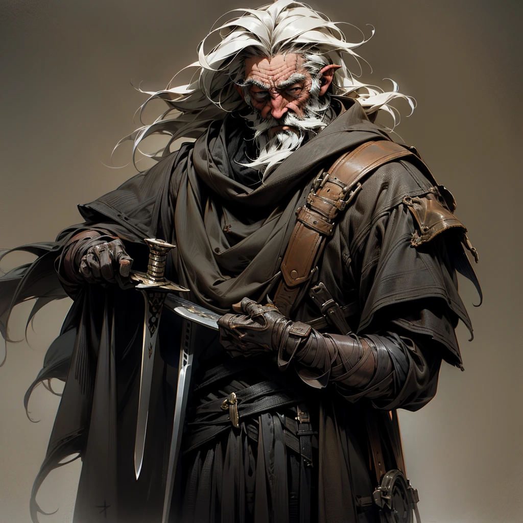 a nomad warrior, extremely detailed portrait, weathered old man with rugged facial features, intense piercing eyes, disheveled long grey hair and beard, tanned leathery skin, worn ragged cloak, carrying a sheathed sword on his back, traveling alone through a vast desert landscape, dramatic lighting, moody dark shadows, subtle color palette, cinematic composition, photorealistic, masterpiece