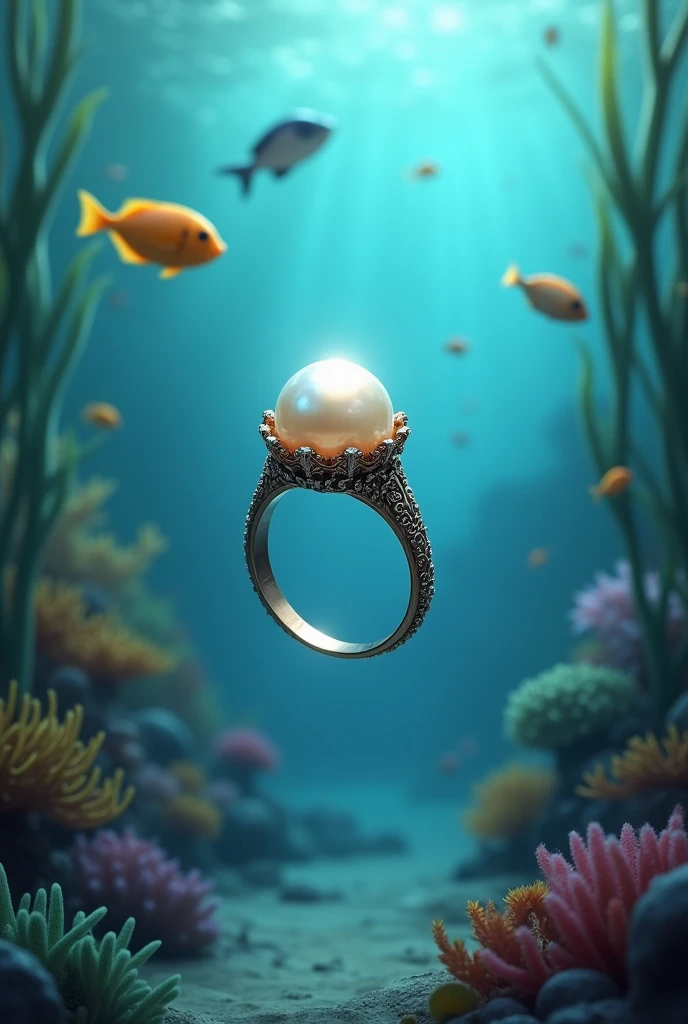 Ring with a pearl inside under the sea