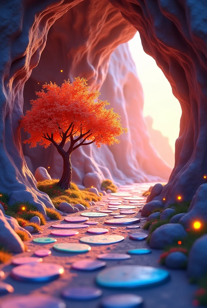 Make me a more colorful animated cave background with a green orange tree outside the cave and on the floor a more lively colored stone path measuring 11cm high and 15cm wide