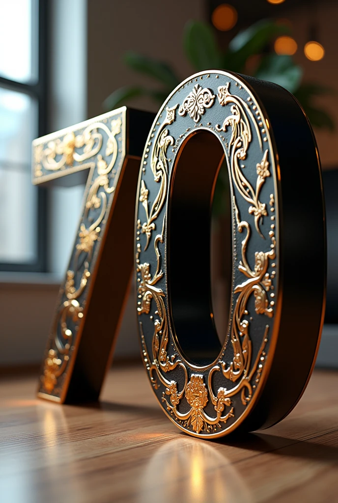 Make me the number 70 birthday decorated in retro style, and 3d and 4k, in black colors, silver and gold, That this number, be very creative, and eye-catching, it has a lot of impact and draws a lot of attention. The number must be facing forward