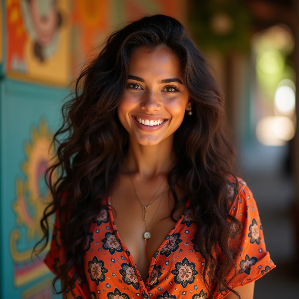 Gender: Female
Age: Young Adult (early 20s)
Ethnicity: Suggesting Latin American features, but with room for variation (skin tone, eye color, etc. are highly individual)
Hair: Keeping the long, thick, dark brown, curly hair - this could fit many Argentinian women, but again, hair texture varies!
Expression: The same happy, genuine smile, and direct eye contact can remain.
Setting and Style:
Background: Instead of the brick, perhaps a blurred background suggesting a more specific Argentinian location? Options could include:
A brightly painted wall in a bohemian neighborhood like Palermo (Buenos Aires)
A touch of greenery, hinting at the pampas or a park
A blurred background with warm lighting, evoking a "milonga" (tango dance hall) atmosphere
Lighting: Warm, natural light is still a good choice
Clothing:
Instead of the turtleneck, consider a flowy blouse, potentially with a pattern (geometric or floral)
A leather jacket could be a stylish touch, as leatherwork is significant in Argentina