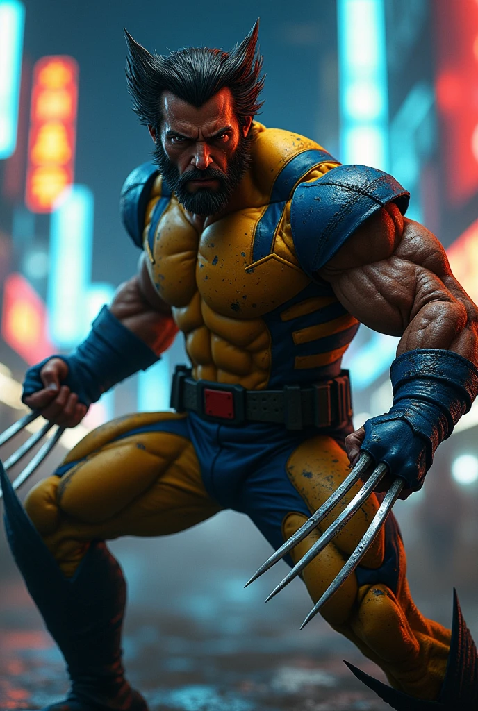 Wolverine da Marvel Comics, fighting position, with the 3 claws extended, fierce expression, tattered yellow and blue outfit, night cityscape with bright neon signs, Bright dark, high contrast lighting, cinematographic, digitalpainting