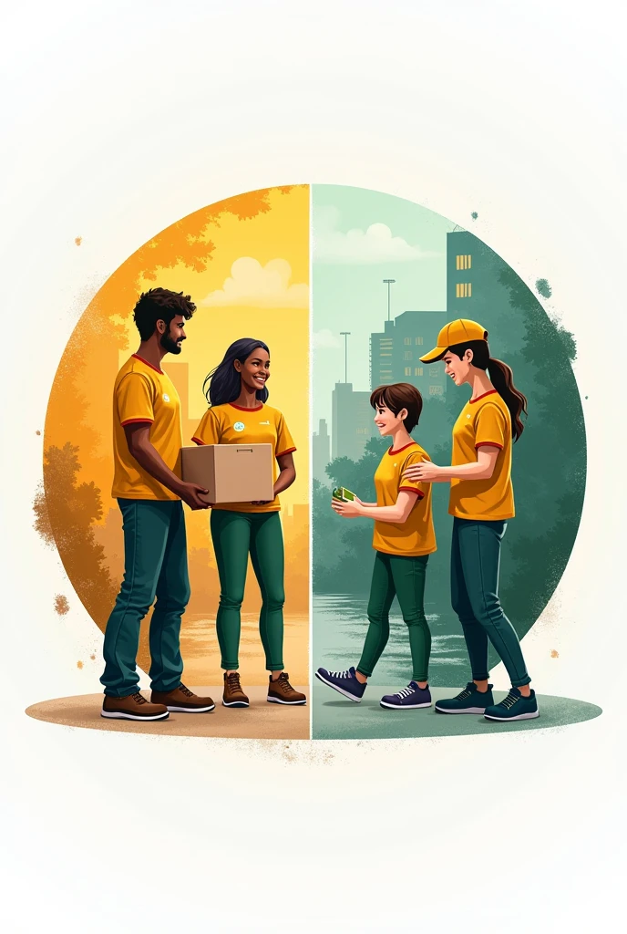 a volunteer team logo, 4 volunteer male female collecting funds at streat holding a box , vector style, cercle, another side volunteer rescuing to a flood victim poor people, theme colour should be yellow and green texture, super hd quality