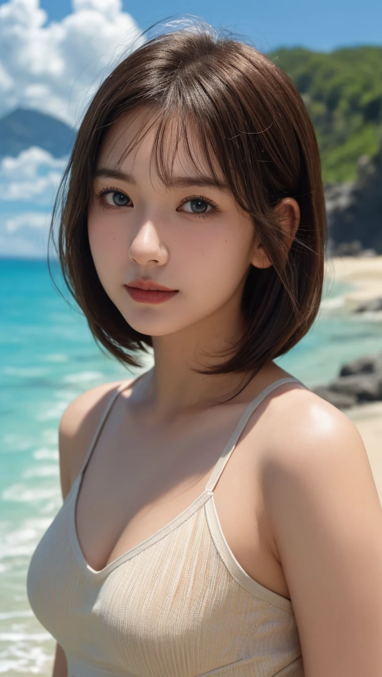 One Girl，(1人のとてもcute女の子:1.3)，masterpiece，Highest quality，High resolution，From below，Low - Angle，Photorealistic，RAW Photos，Ray Tracing，beautiful girl，(15 years old:1.3)，cute，Big eyes，(detailed pupils:1.2)，(Face turned to the side:1.3)，Body facing forward，Beautiful nose，Upturned nose，Fuller lips，Short black hair，ponytail，short hair，Detailed eyelashes，Thin eyebrows，Very fine grain definition，(profile:1.3)，(Face close-up，Face Focus:1.0)，Small breasts，Short neck，White swimsuit，White Bikini，The background is the sea，Southern Island，sunset，Sunset，Portrait，Look to the side，Upper Body，Cinema Lighting，High resolution，Very detailed