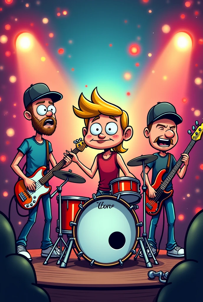 Draw in a cartoon way a music band during a concert with a drummer playing the drums in the middle with a short blond mullet, a guitarist on the left with shaved hair under a cap and a short beard, and a bass' musician on the right with shaved hair and a cap and a short beard.