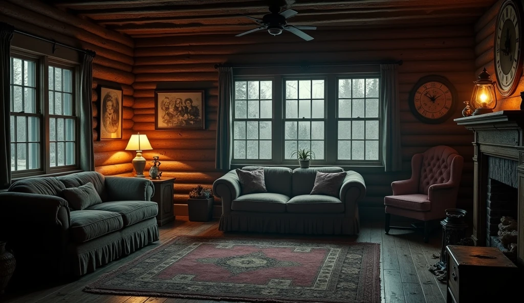realistic hyper realistic texture high definition realism highly details on "A dimly lit, rustic mountain cabin living room with old family photos, dusty furniture, and an antique clock prominently displayed. The room is illuminated by a flickering lantern, casting eerie shadows across the room.