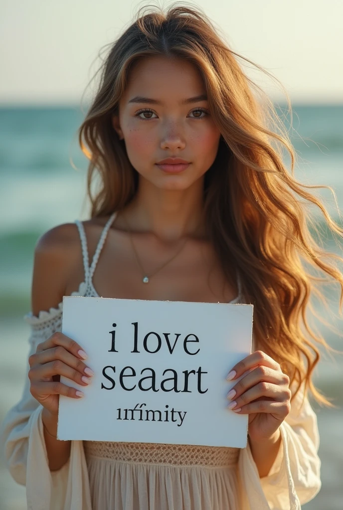 Beautiful girl with wavy long hair, bohemian dress, holding a white board with text "I Love Seaart Infinity" and showing it to the viewer